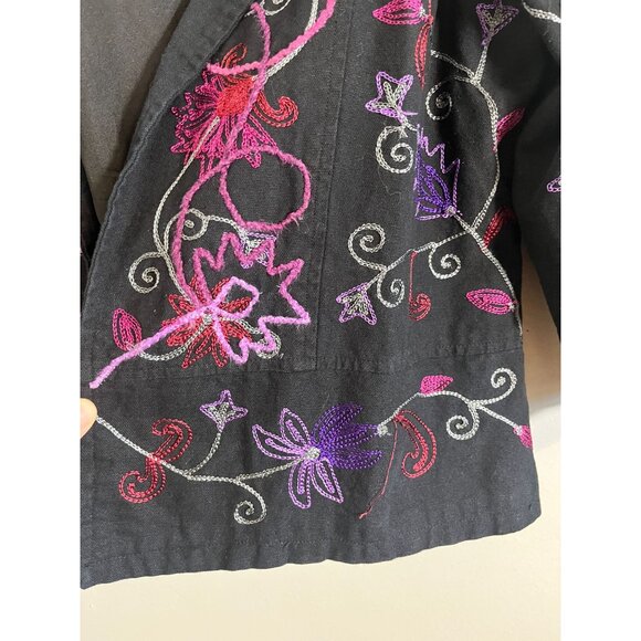 Retro Floral Embroidery Jacket Black L Preppy Boho Western Classic Chic Work 80s - Picture 2 of 8